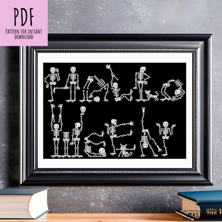 Celebrate the spooky season with this Dancing Skeletons Cross Stitch Pattern by Smasterilli! This unique Halloween-inspired design features skeletons dancing together, perfect for adding some spooky charm to your home décor. Get creative and personalize your project with different colors and materials.