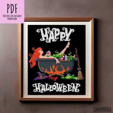Unlock your inner crafter with this spooky Halloween Witch Cross Stitch Pattern by SMasterilli. Featuring a redhead witch in a witch cauldron, this intricate pattern is perfect for adding some seasonal spookiness to your crafting projects.