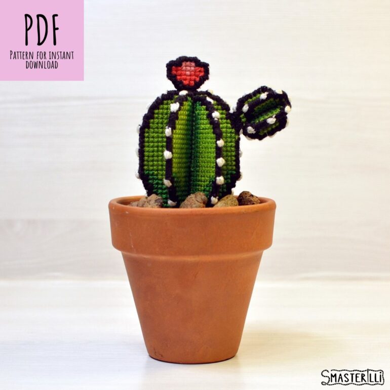 Create a realistic 3D cactus with this plastic canvas pattern for cross stitch. Perfect for any beginner or experienced cross-stitcher, this potted plant cross stitch pattern will bring your designs to life.