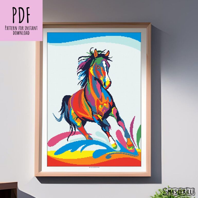 Bring a beautiful and unique pop art design to your home with the Rainbow Horse Cross Stitch Pattern by SMasterilli. Create a colorful and detailed look with this high-quality pattern featuring amazing animals in a style that combines traditional cross stitching with modern pop art.