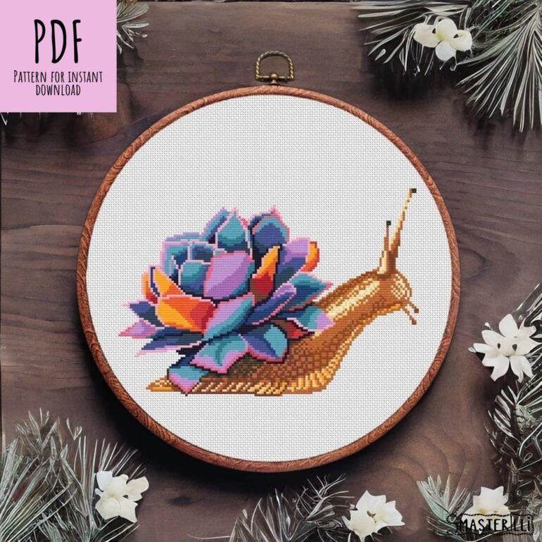 Bring a splash of color to your next craft project with the Rainbow Snail Succulent Cross Stitch Pattern by SMasterilli. Featuring a bright rainbow flower design, this colorful cross stitch pattern is the perfect way to add a cheerful touch to any craft project.