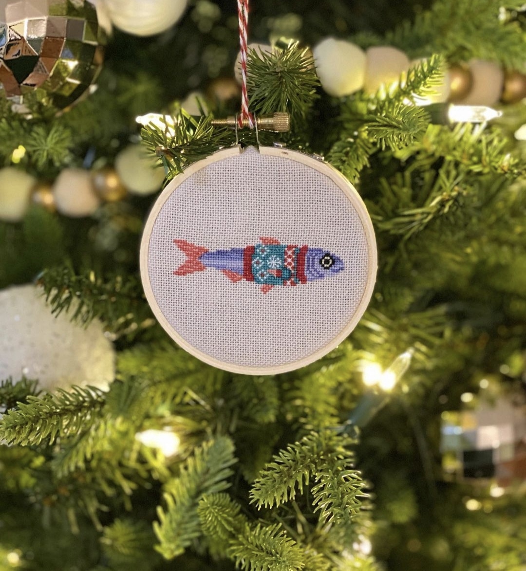 Fishes in Christmas sweaters cross stitch pattern PDF, Christmas animals, Christmas tree ornament, small christmas decor