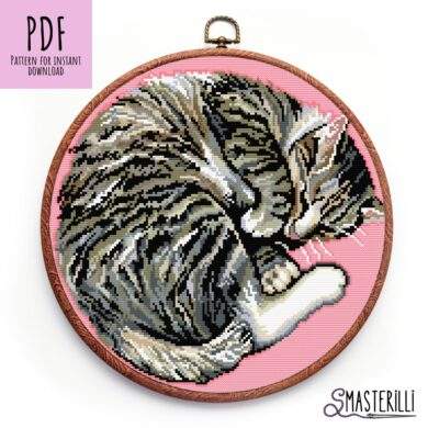 Get creative with this adorable tabby cat cross stitch pattern by Smasterilli. This pattern includes a sleeping tabby cat curved-up on a pillow. Perfect for beginner and experienced cross stitchers alike! Download the PDF file to get started today