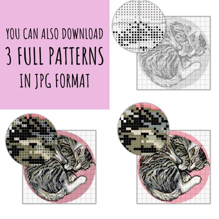 Get creative with this adorable tabby cat cross stitch pattern by Smasterilli. This pattern includes a sleeping tabby cat curved-up on a pillow. Perfect for beginner and experienced cross stitchers alike! Download the PDF file to get started today