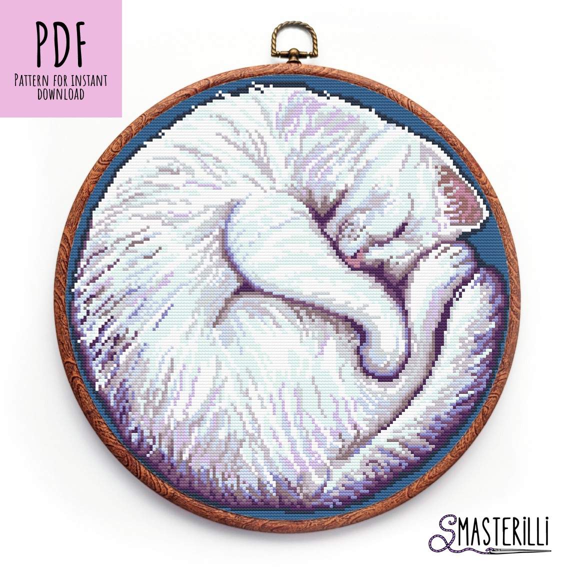 Create a stunning cross stitch with this adorable sleeping white cat pattern by Smasterilli. Perfect for any pet lover or cross-stitching enthusiast, this curved-up cat design is sure to be a hit. Get it now and start stitching today!